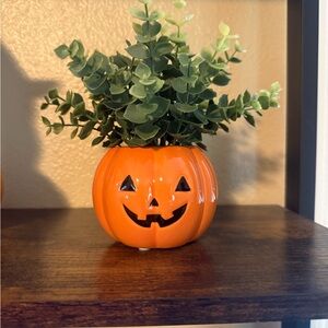 Orange Pumpkin Planter with Greenery
